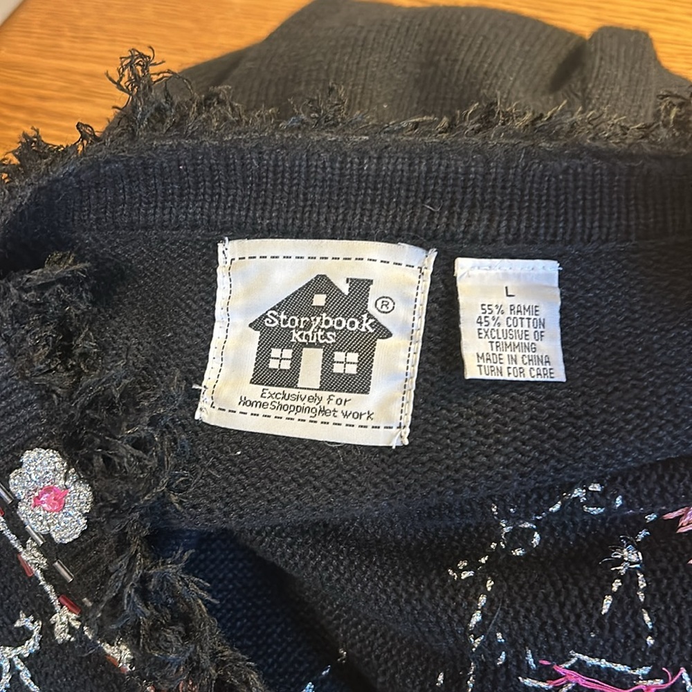 Storybook Knits Black Long Embroidered Cardigan with Pink & White Floral Accents - Picture 5 of 6
